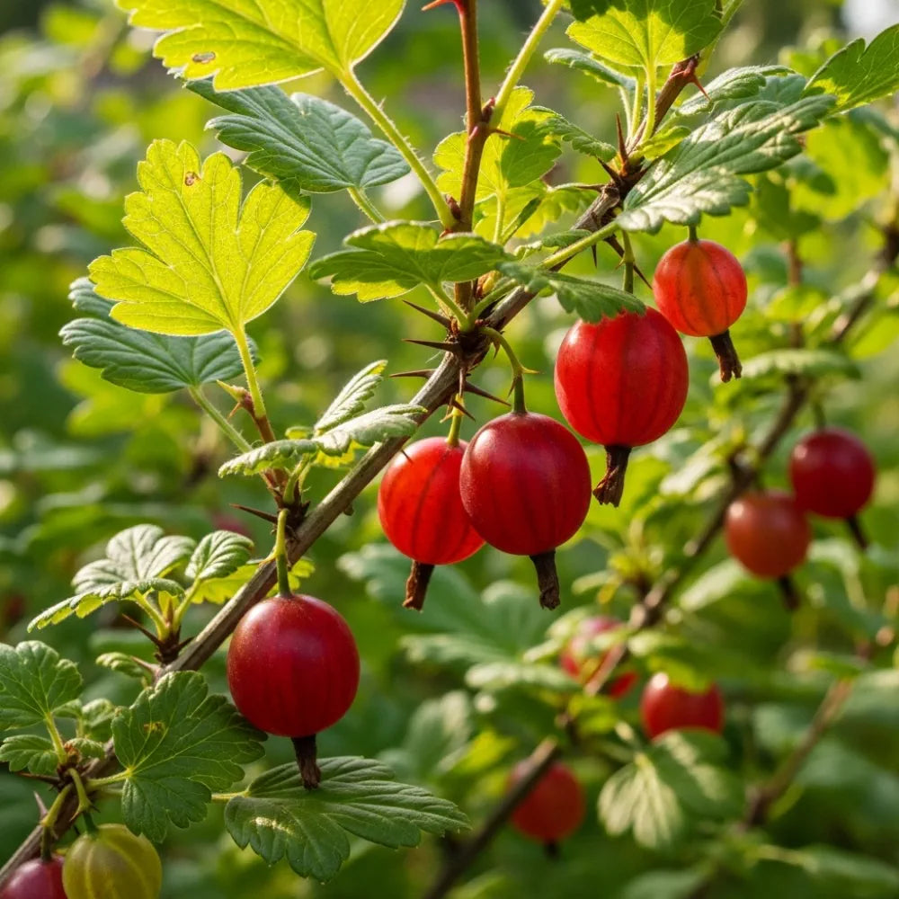 Ripe 'Hinnonmaki Red' Gooseberries hanging from a branch with vibrant green leaves, illuminated by sunlight, in a lush garden setting.