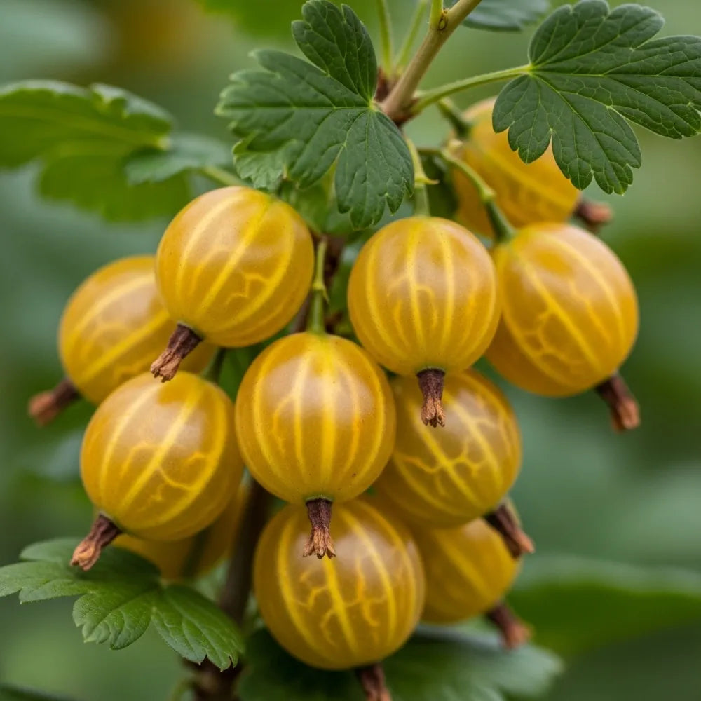 Cluster of ripe yellow 'Hinnonmaki Yellow' Gooseberries with smooth, translucent skin and visible veins, surrounded by green leaves on a branch.