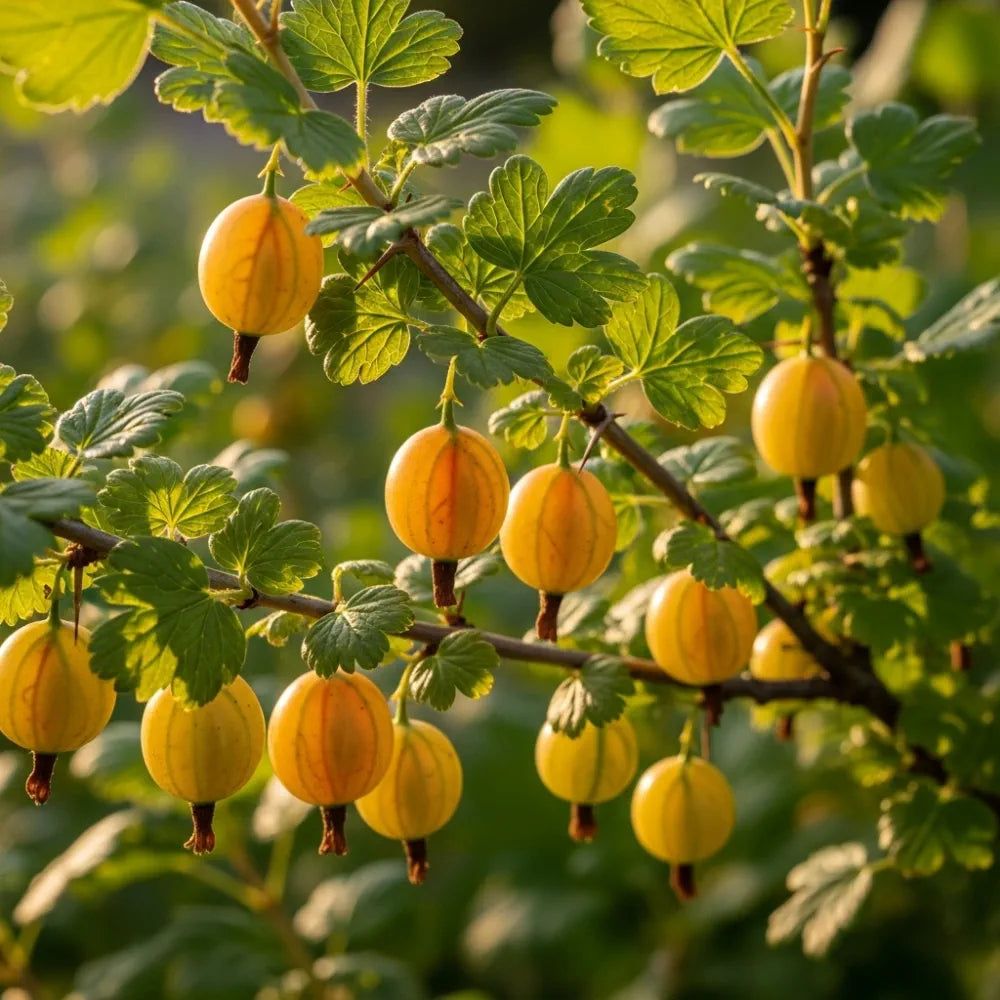 Hinnonmaki Yellow Gooseberries on a sunlit branch with green leaves, creating a vibrant garden scene.