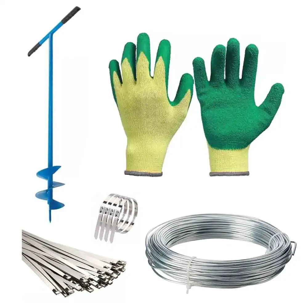 Fencing fixing kit for installing fencing. All in one kit containing an auger, gloves, cables and wires. Install your hazel hurdles with this fixing kit.