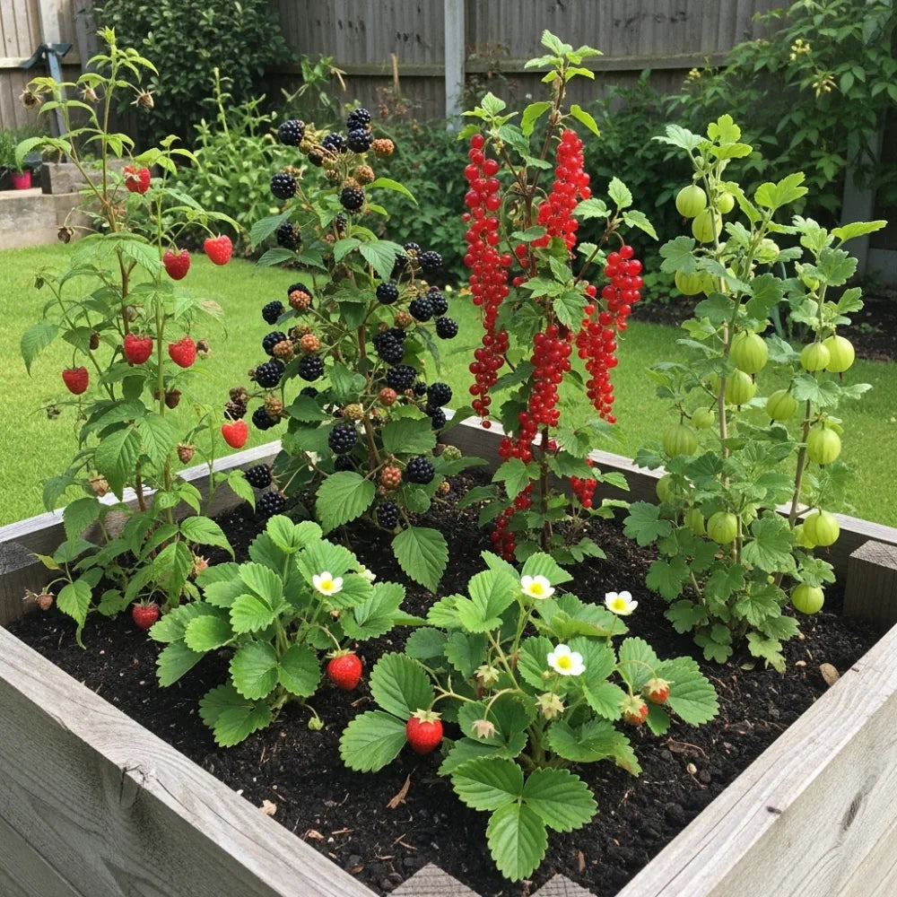 Jam Maker's Fruit Plants Collection | Allotment in a Box, surrounded by lush green grass and wooden fence.