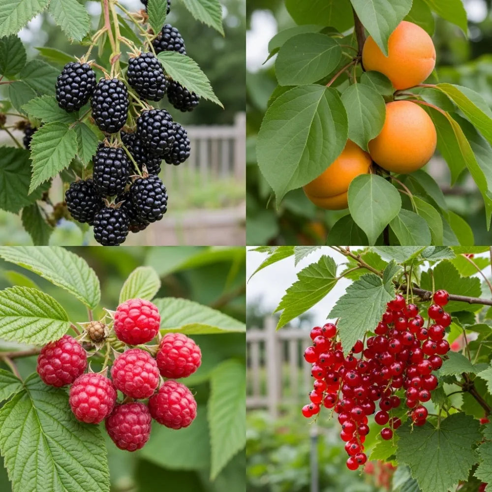 Jam Maker's Fruit Plants Collection | Allotment in a Box: Blackberries, apricots, raspberries, red currants on branches with green leaves.