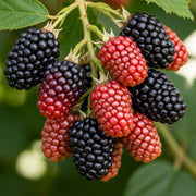 Ripe and unripe 'Karaka Black' blackberries on a branch with green leaves, showcasing deep black and vibrant red colors.