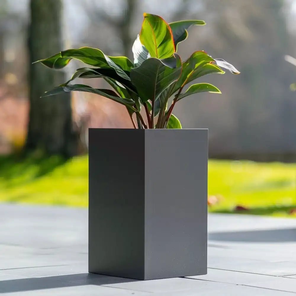 Zinc planters adding an industrial-chic touch to any garden.
