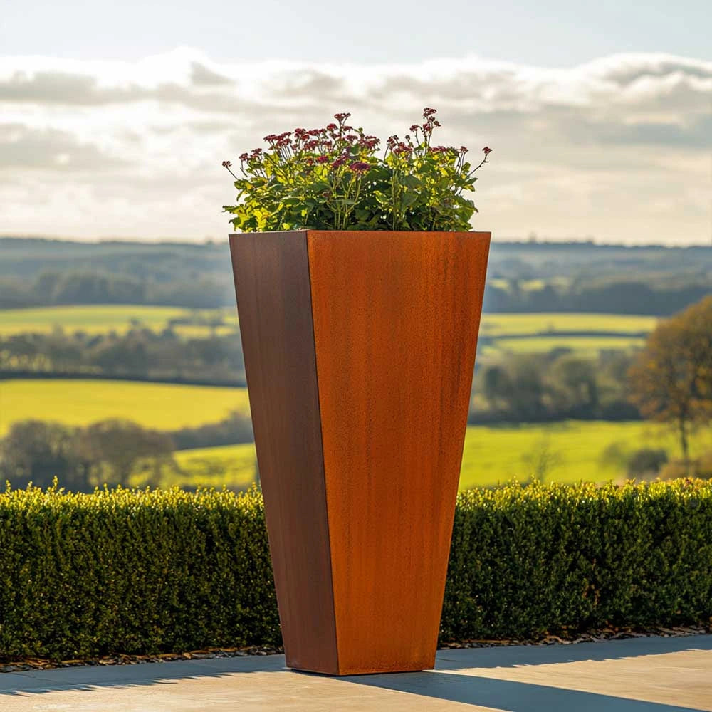 70cm Corten Steel Tall Tapered Square Planter - Pre-Rusted with Insert