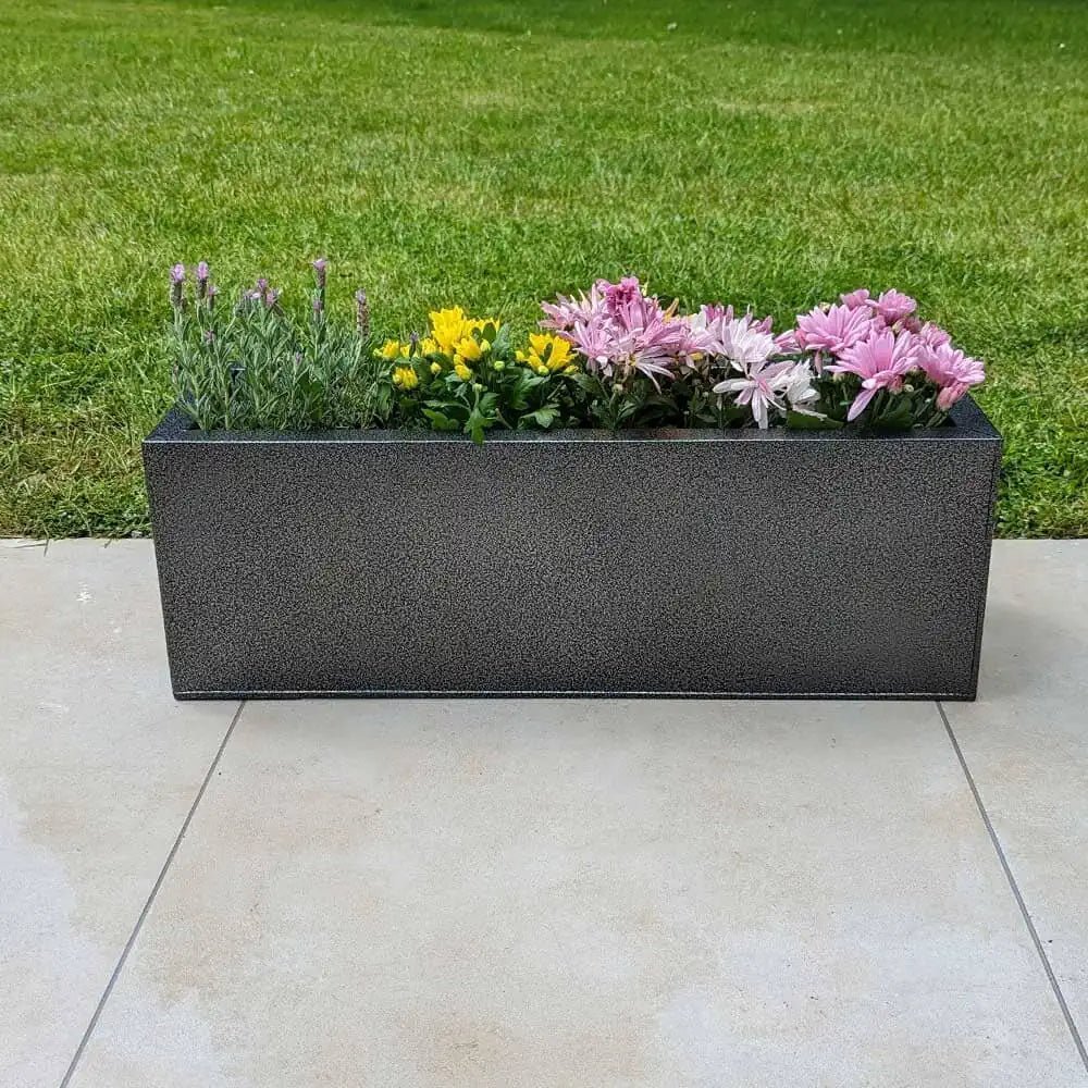 70cm Zinc Silver & Black Textured Trough Planter Woven Wood