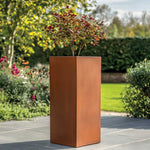 Corten steel planter with a small tree in a garden setting