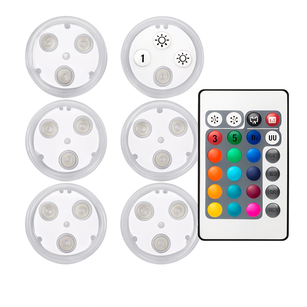 6 multi-coloured round Lights with remote