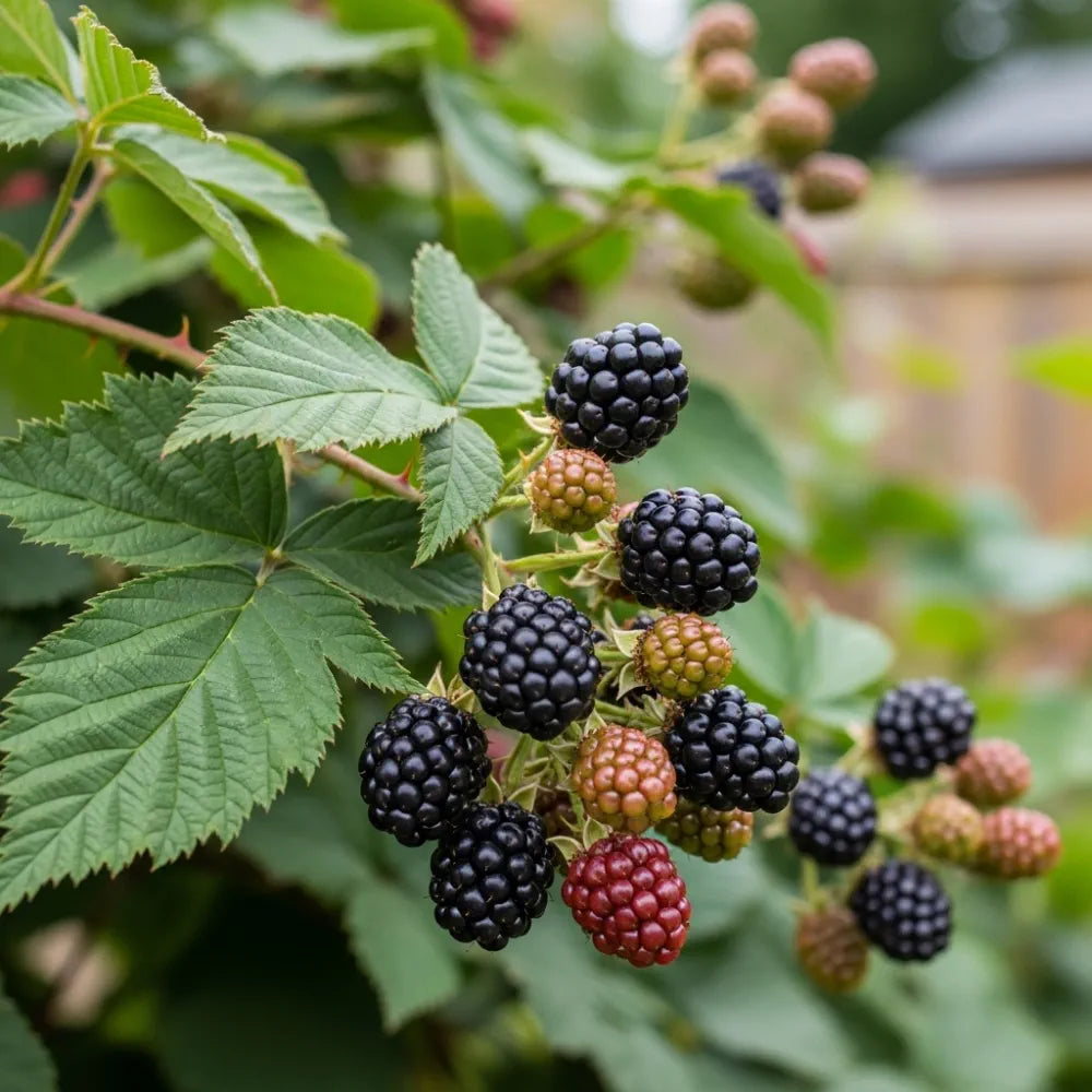 Ripe & unripe 'Loch Ness' blackberries on a branch with green leaves, showcasing deep black, red, & green hues against a blurred garden.