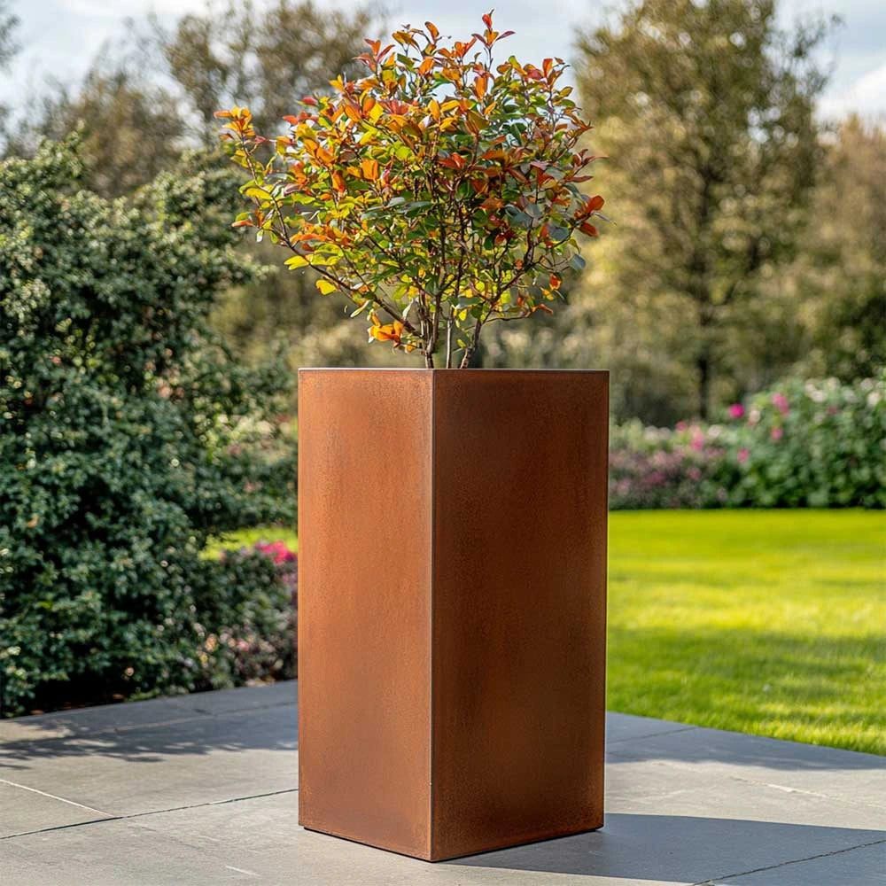 100cm Corten Steel Tall Square Planter - Pre-Rusted with Insert