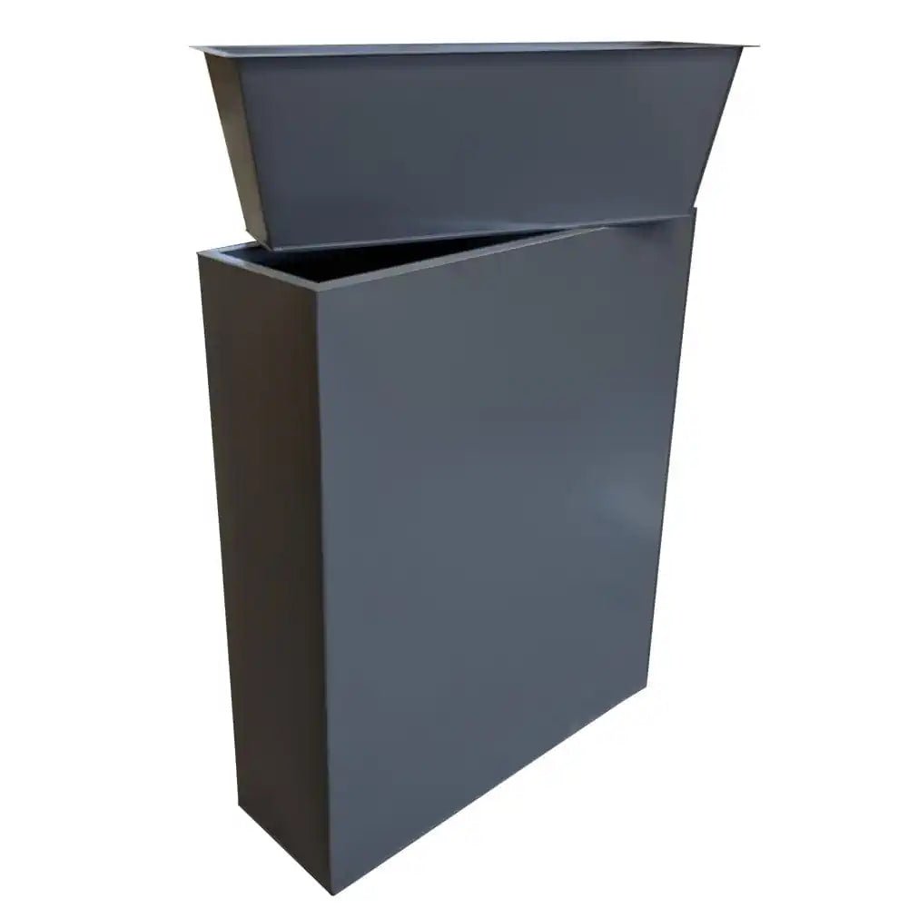 Outdoor grey planters arranged in a geometric pattern.