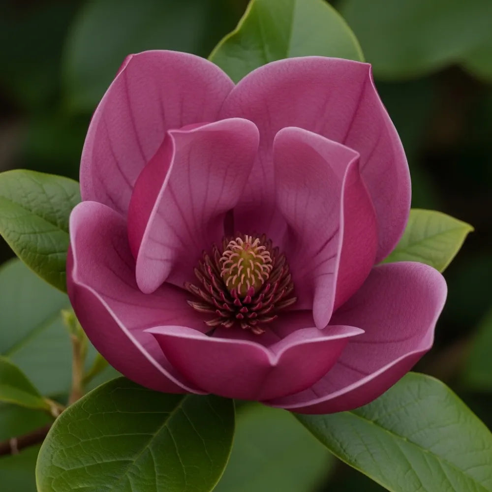 Vibrant Magnolia 'Genie' flower with layered petals & detailed center, surrounded by lush green leaves, set against a blurred natural background.