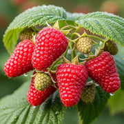 Ripe 'Malling Minerva' raspberries with dewdrops hang from green leaves, vibrant in a natural outdoor setting.