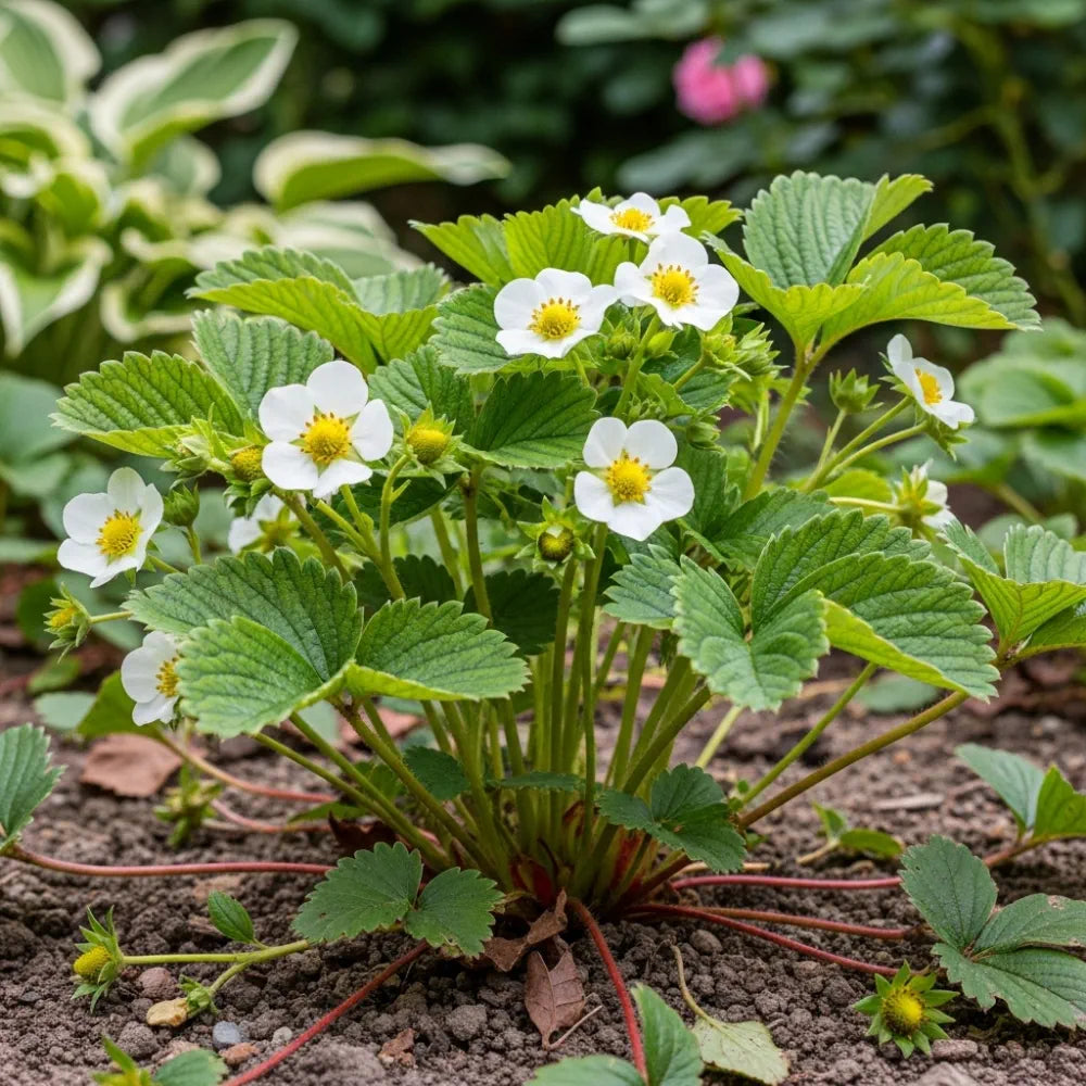 Vibrant 'Mara Des Bois' Strawberry plants with green leaves, white flowers, yellow centers, in rich soil, surrounded by foliage.