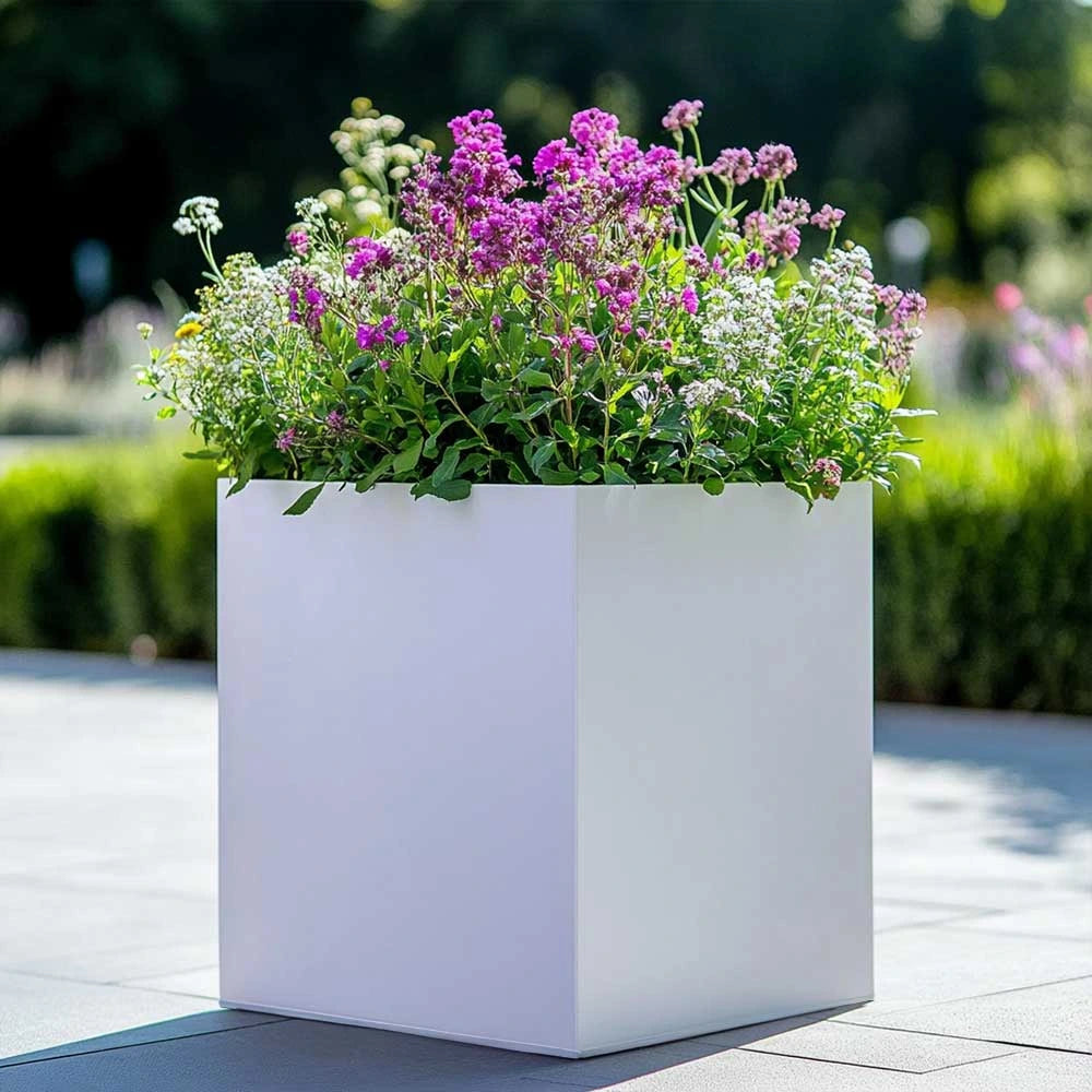 white woven planter 50cm Zinc Galvanised Matte White Square Planter – Woven Wood