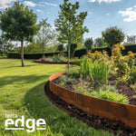 Garden with metal edging and plants, featuring the 'terra edge' brand.