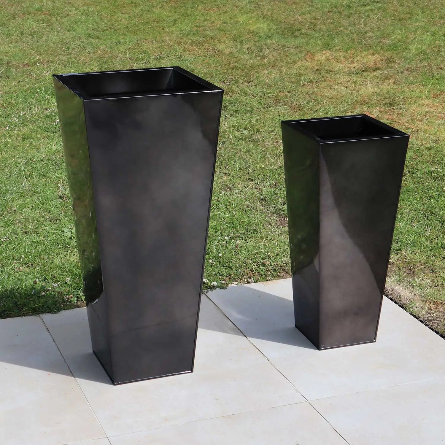 black gloss outdoor plant pots 70cm Zinc Galvanised Polished Black Tall Tapered Square Planter – Woven Wood
