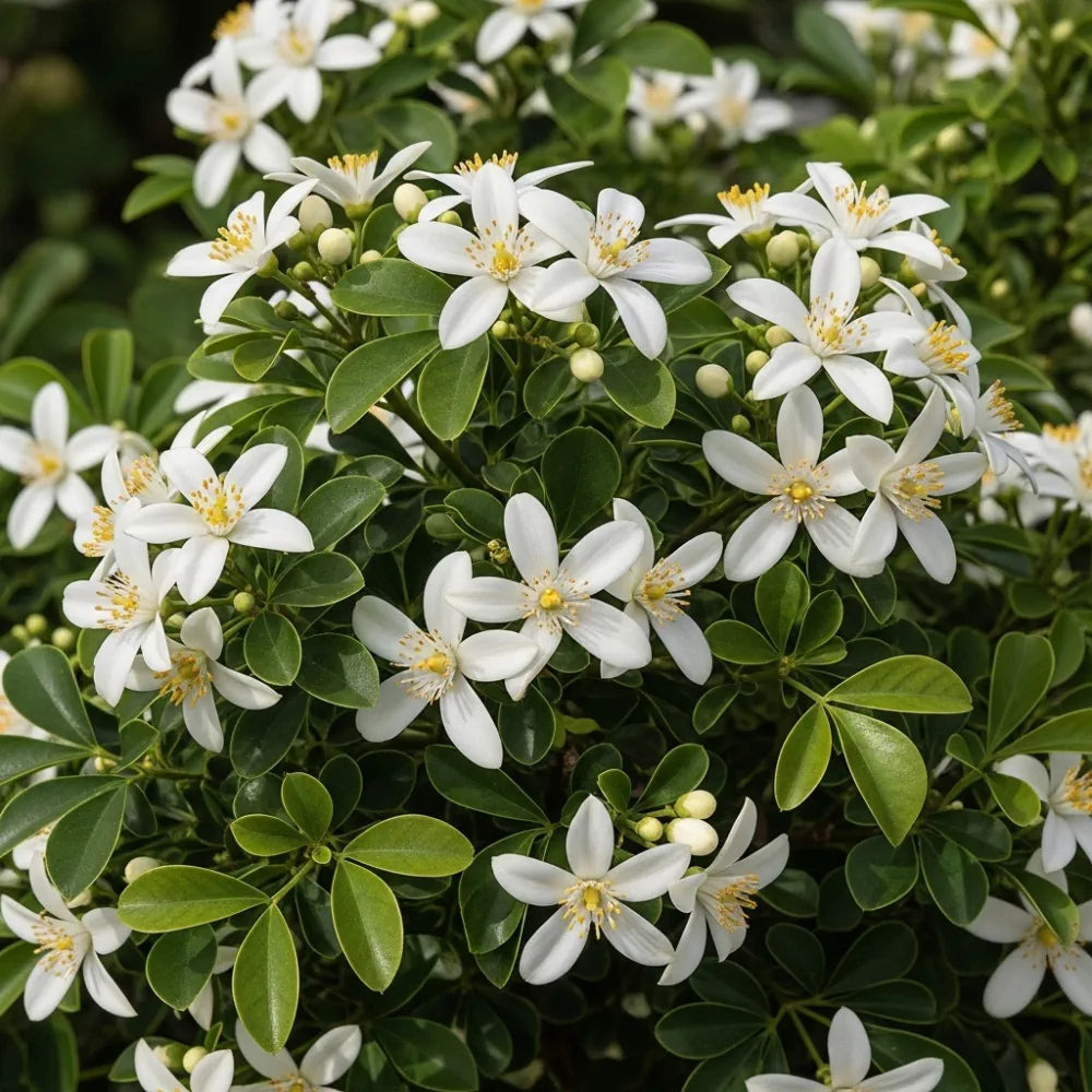 White-orange Choisya ternata 'Sundance' flowers with five petals and yellow centers, surrounded by glossy green leaves, in full bloom.