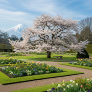 Mount Fuji Cherry Blossom Tree | Prunus serrulata 'Shirotae' in full bloom, manicured garden, colorful flower beds, gravel paths, snow-capped mountain, clear sky.