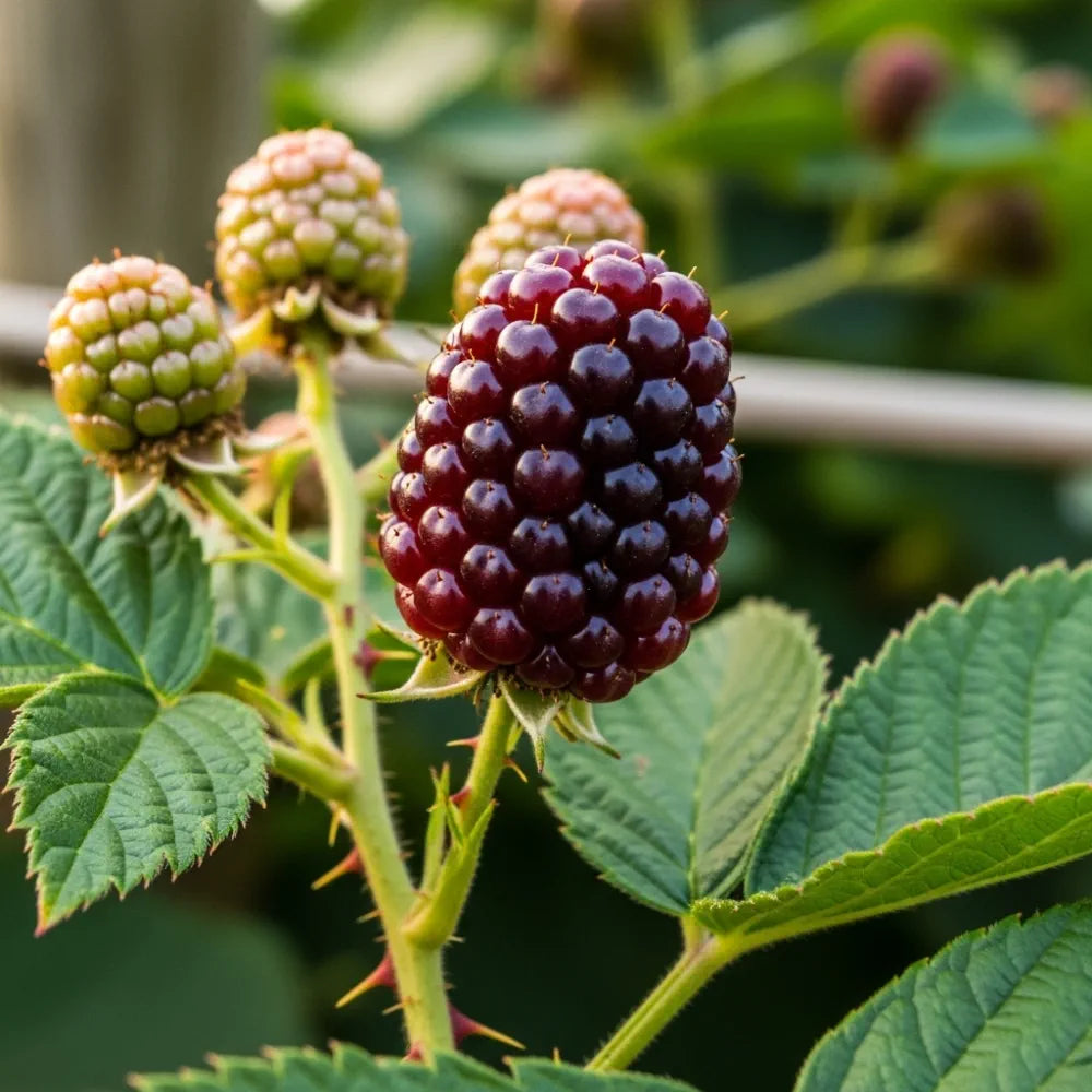 Ripe 'Opal' Dwarf Blackberry, green berries, thorny branch, vibrant leaves, blurred natural background.