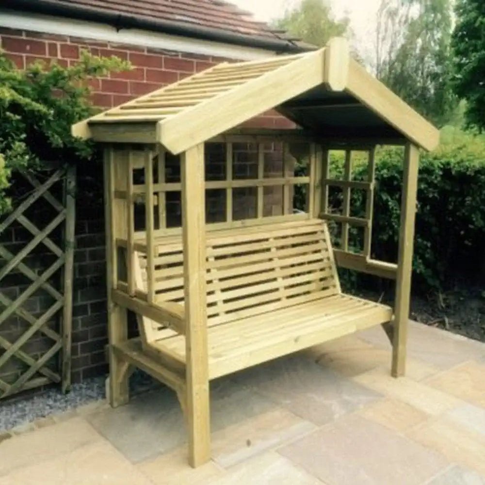 Wooden arbour enhancing the ambiance of a tranquil garden oasis.