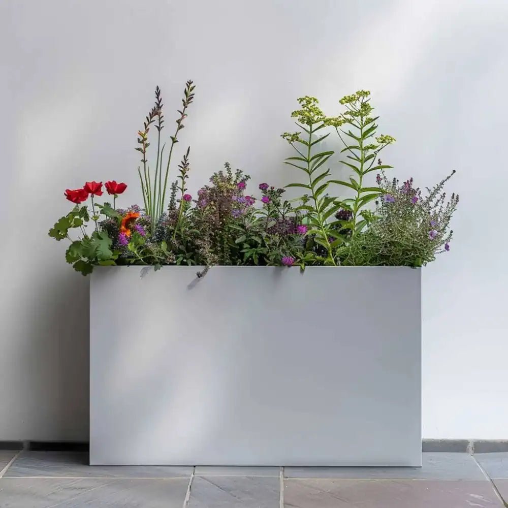 90cm Long Zinc Matte White 60cm Tall Trough Planter – Woven Wood