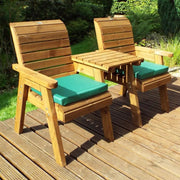 Green Cushions plus Teak Love Seat on Woven WOod