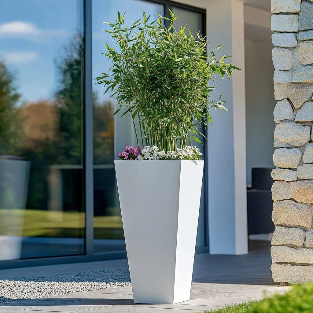 white square plant pots outdoor 90cm Zinc Galvanised Matte White Tall Tapered Square Planter – Woven Wood