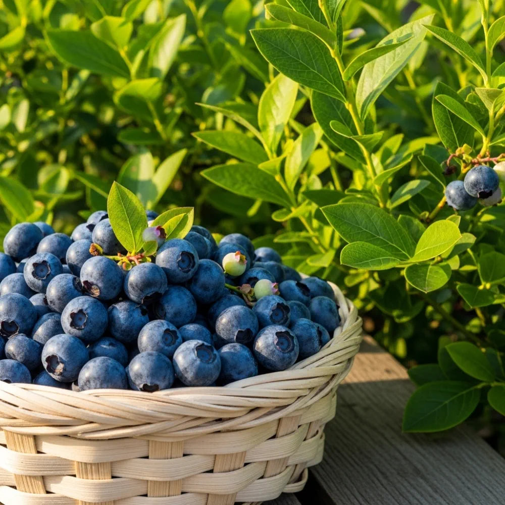 A Basket filled with fresh blueberries, adorned with green leaves, set against a backdrop of lush 'Ozarkblue' Blueberry Bushes in bright sunlight.