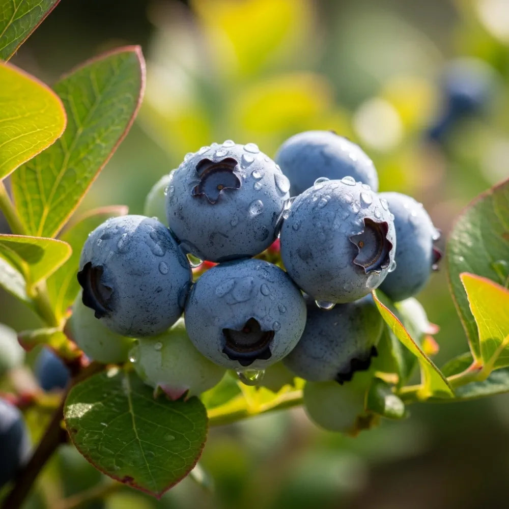 Ozarkblue Blueberry Bush: Cluster of ripe blueberries with water droplets on a branch, surrounded by green leaves, in bright sunlight, highlighting their fresh texture.