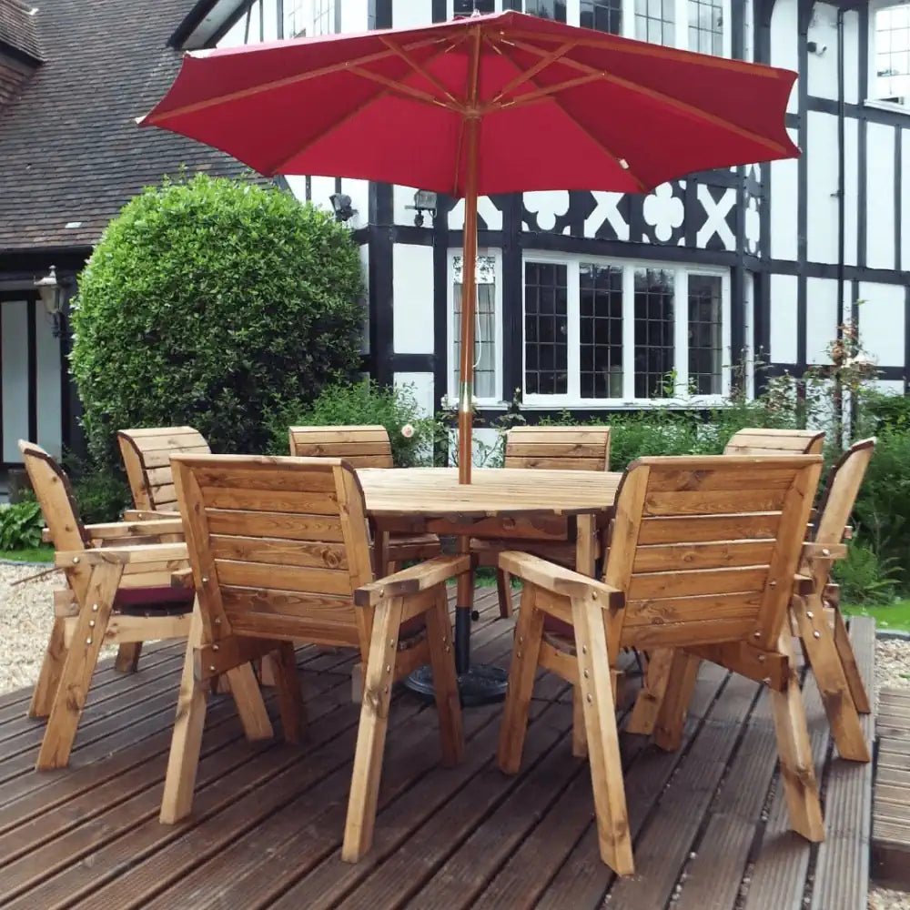 Elevate your backyard with a sophisticated Wooden Garden Furniture Set, featuring a Garden Parasol for added comfort.