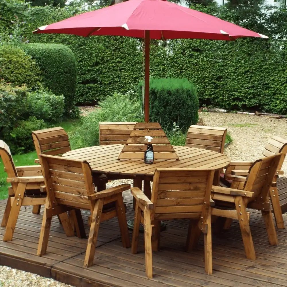 Unwind in natural beauty with a Teak Garden Furniture Set and a Garden Parasol for sun protection.