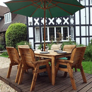 Green Parasol with base on outdoor dining set