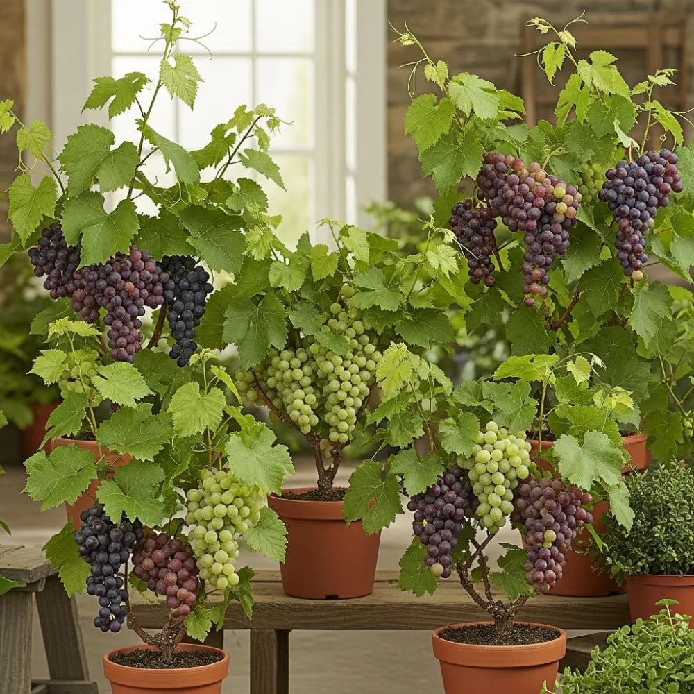 Patio Grape Vines Collection with lush green leaves and clusters of ripe purple and green grapes, arranged on a wooden table near a sunlit window.