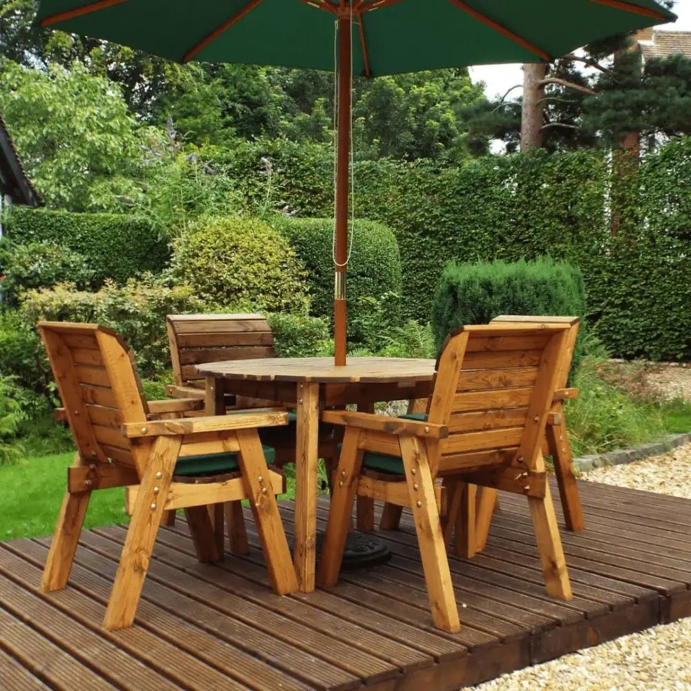 Gather your loved ones for a memorable meal on this stylish Six Seater Dining Set, crafted from high-quality Wooden Furniture, with a Garden Parasol for added comfort.
