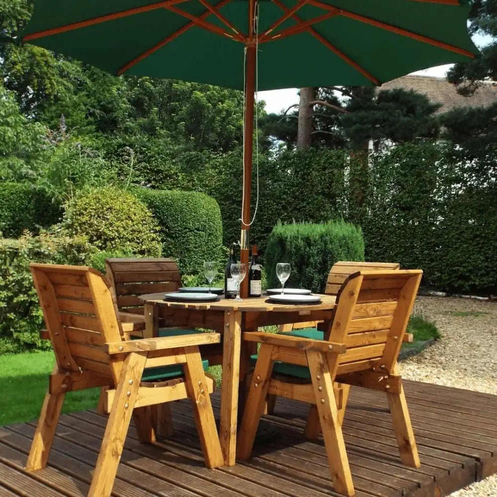 Enjoy the outdoors in comfort with a weather-resistant Teak Garden Furniture Set featuring a spacious table, comfortable chairs, and a Garden Parasol.
