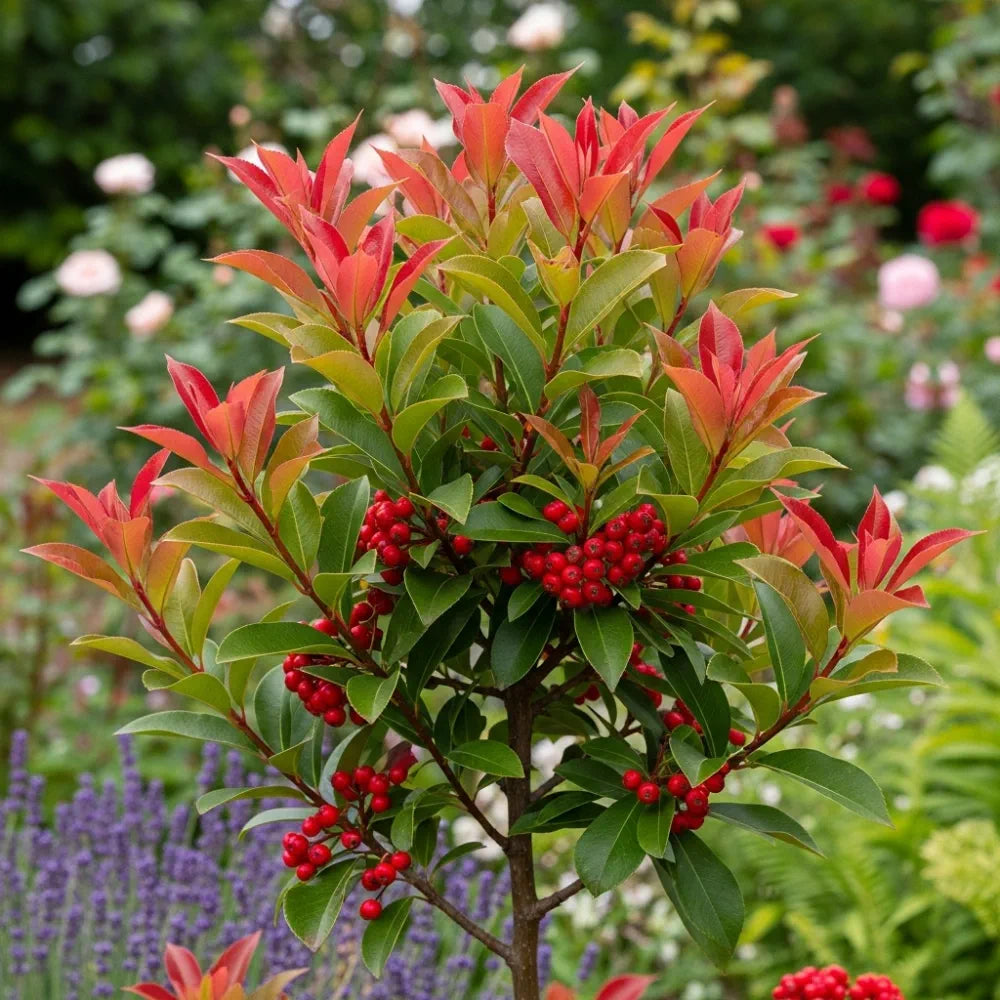Vibrant red and green leaves of a Photinia 'Red Robin' bush with clusters of red berries, set against a lush garden background with blooming flowers.