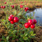 Vibrant 'Pilgrim' Cranberry Bush with dewdrops on green leaves, growing naturally near water under soft sunlight.