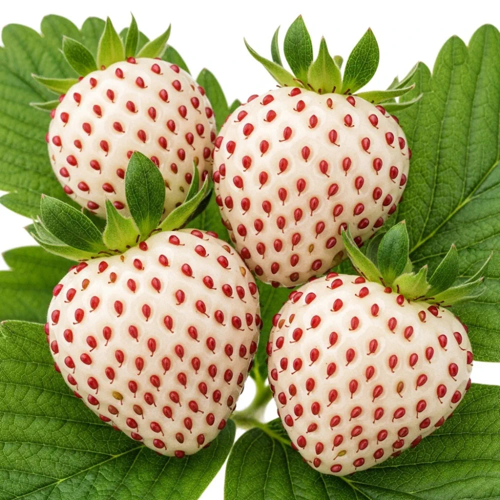 Four ripe Pineberry Strawberry Plants with red seeds and green leaves, arranged closely together, showcasing their unique color and texture.