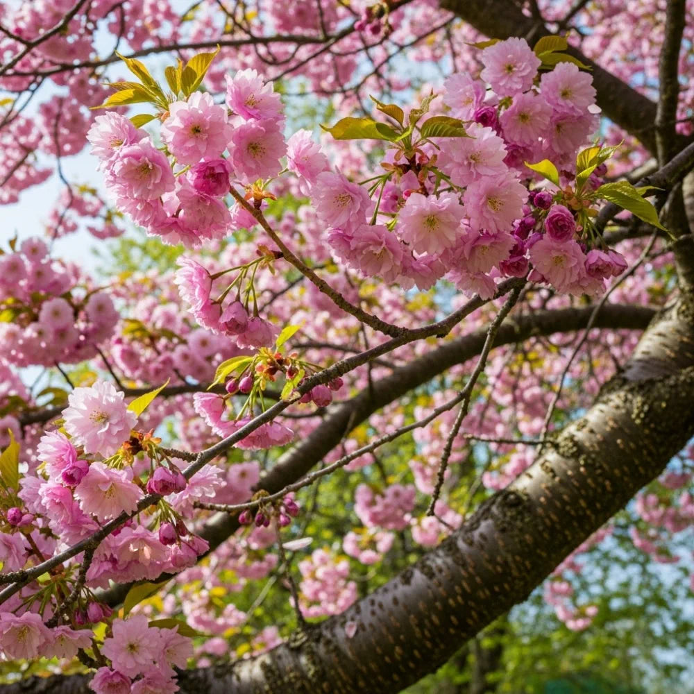 Pink Perfection Cherry Blossom Tree in full bloom on tree branches against a clear blue sky, with sunlight filtering through the leaves and flowers.