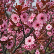 Pink Plum Blossom Tree (Prunus blireana) in full bloom on branches with reddish-brown leaves, blurred background of blossoms & sky.