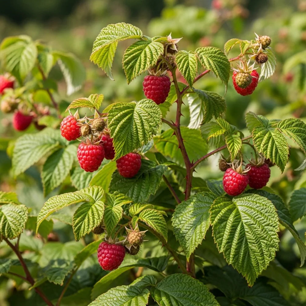 Ripe red raspberries hanging on lush green branches of 'Polka' Raspberry Plants in a garden, surrounded by vibrant leaves, under natural sunlight.