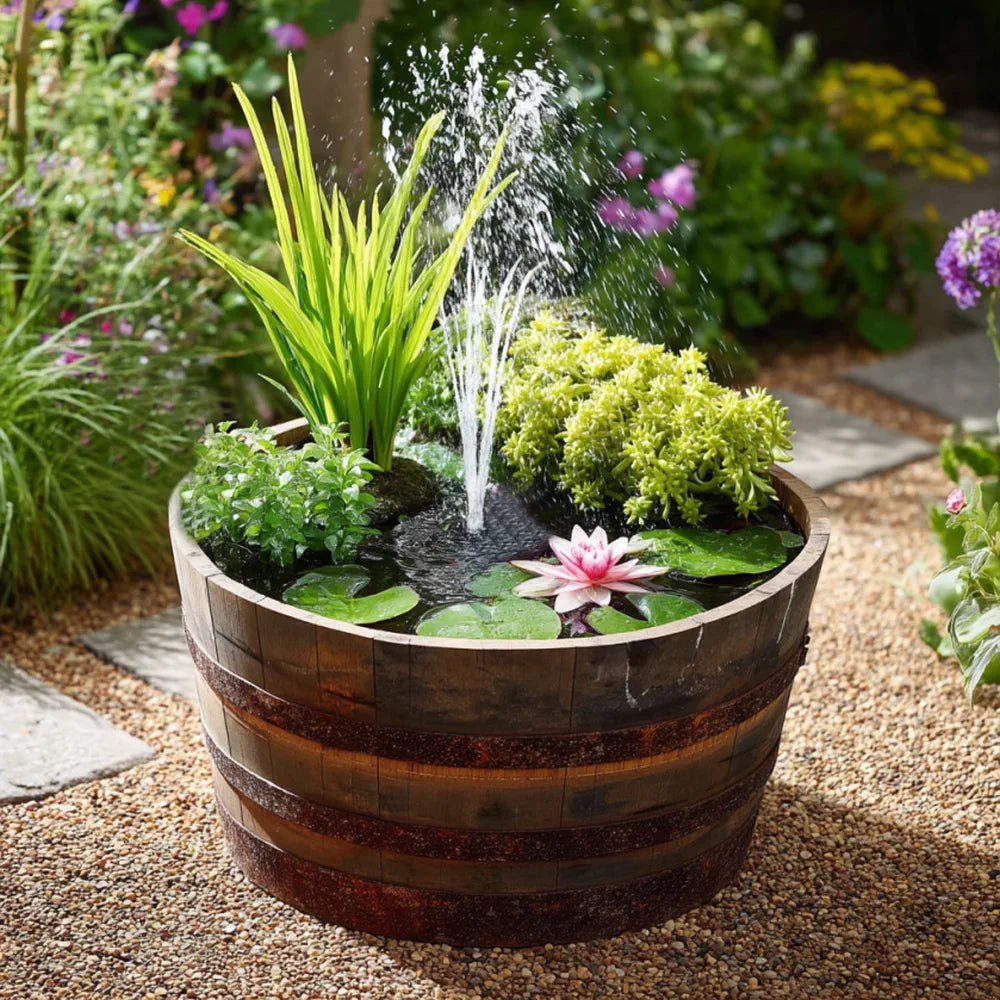 floating pond plant pots Oak Half Barrel Wildlife Pond In A Pot Kit – Woven Wood