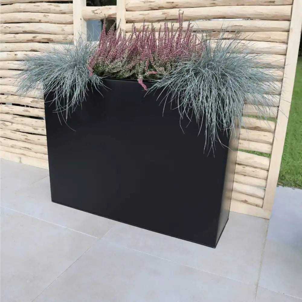 Woven Wood Matte Black tall trough planters on Woven Wood
