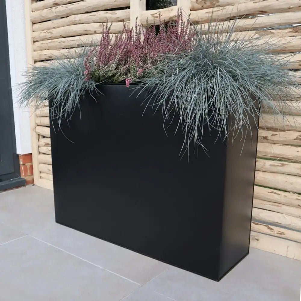 80cm long tall trough matte black planters with woven wood