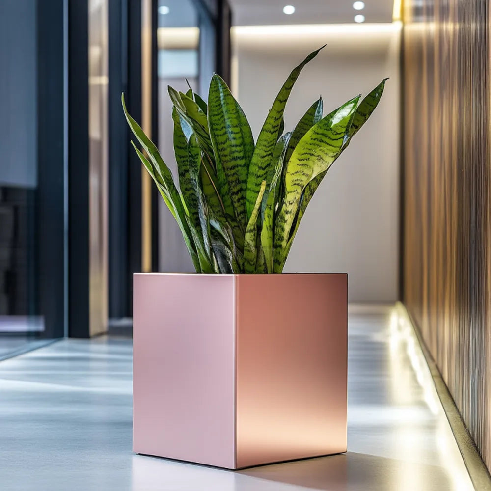 40cm Zinc Galvanised Brushed Rose Gold Finish Square Planter