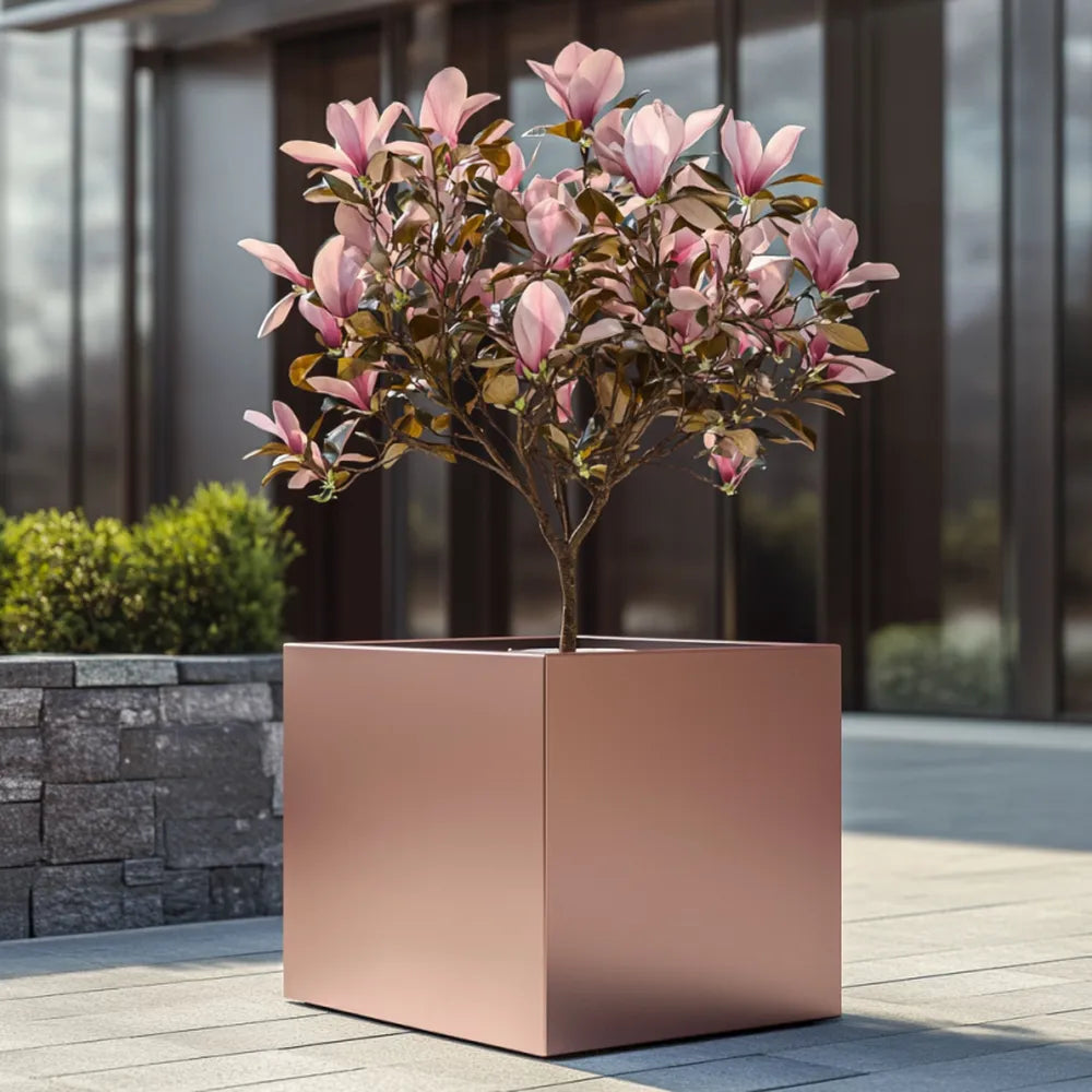 60cm Zinc Galvanised Brushed Rose Gold Finish Square Planter