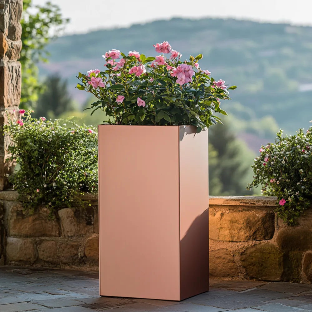 50cm Zinc Brushed Rose Gold Finish Tall Square Planter