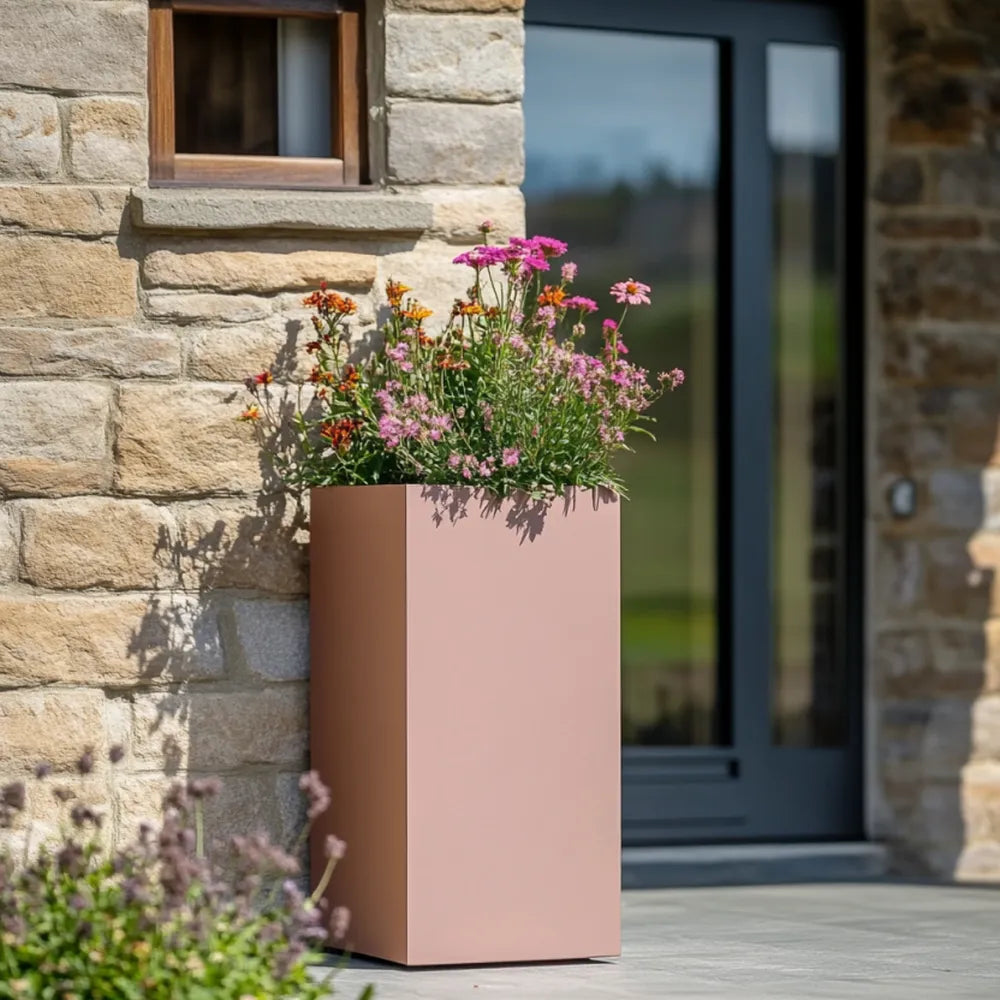 50cm Zinc Galvanised Brushed Rose Gold Finish Tall Square Planter