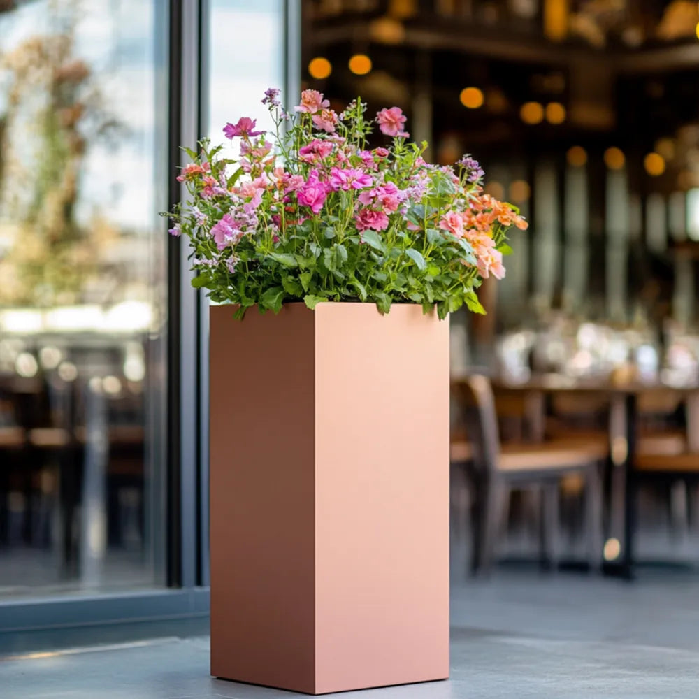 50cm Zinc Galvanised Brushed Rose Gold Finish Tall Square Planter